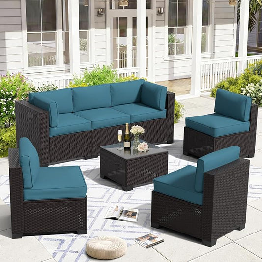 7 Piece Patio Furniture Set, Wicker Patio Conversation Sets, Outdoor Sectional Furniture with Tempered Glass Table, for Backyard, Deck, Garden, Dark Brown Rattan & Peacock Blue Cushions
