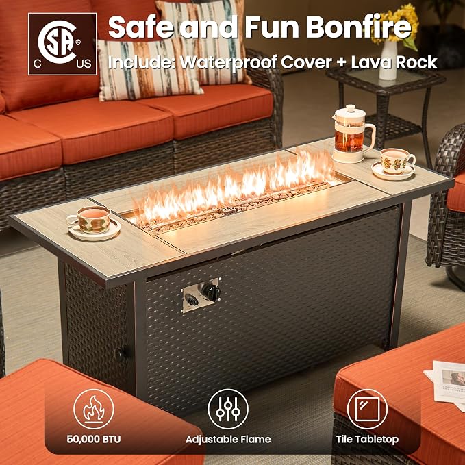 ovios 10-Piece Patio Furniture Set with Swivel Chairs Side Table, Outdoor Wicker Sofa with 54" Fire Pit Table, High Back Couch Modern Conversation Sets, Brown/Orange Red