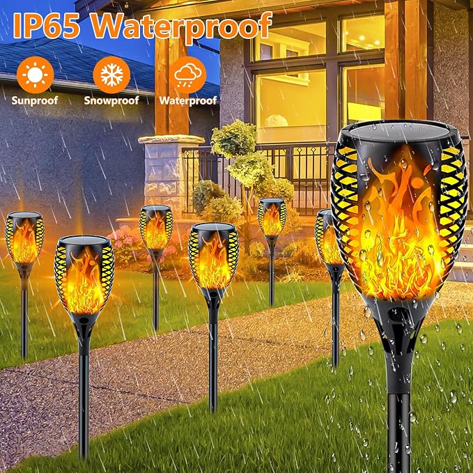 Solar Torch Lights with Flickering Flame Larger Size Solar Flame Lights | 8 Pack Upgraded Solar Lights Outdoor for Halloween Decor, Waterproof Solar Tiki Torches Outdoor for Garden Yard Pathway Patio
