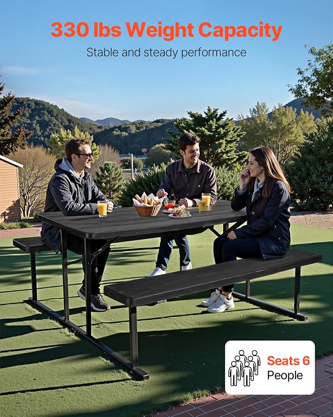 VEVOR Foldable Picnic Table, 6 FT Folding Picnic Tables with Benches, Steel Outdoor Bench Set with Umbrella Hole, Large Outside Dining Table for Patio Garden Yard Poolside (Black)