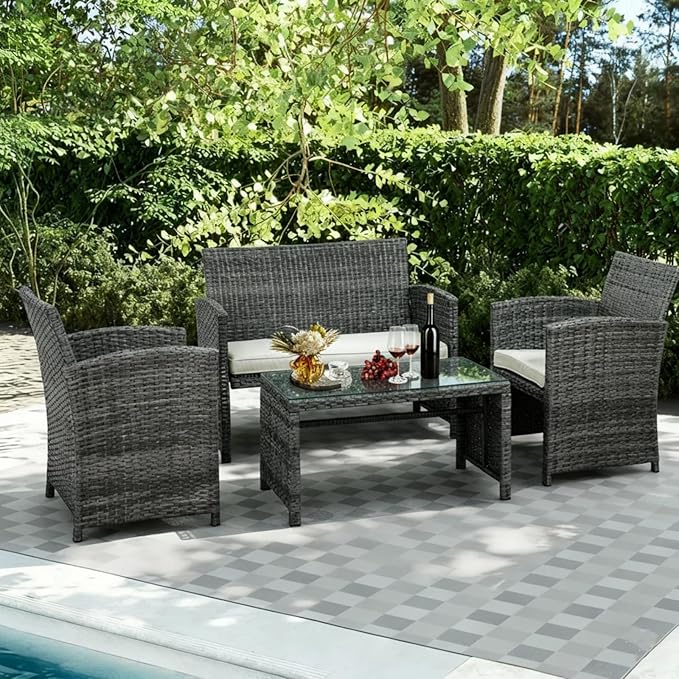 JAMFLY 4 Piece Outdoor Patio Furniture Set, Outdoor Wicker Rattan Chairs Conversation Sets with Cushions & Coffee Table for Outside, Garden, Balcony, Porch, Beige