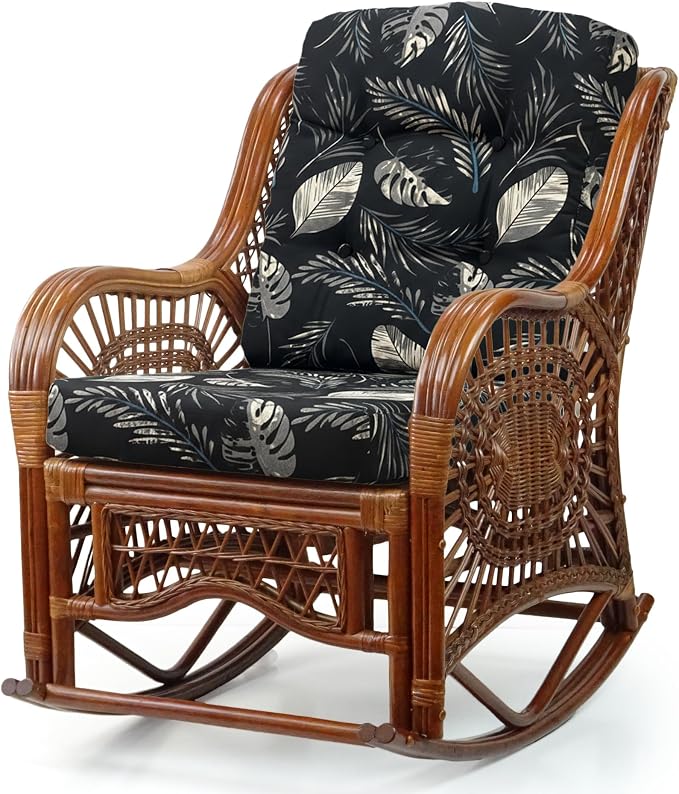 Malibu Handmade Natural Rattan Living Room Set of 2 Rocking Lounge Chairs and Round Coffee Table with Glass, Colonial Color with Black Leaf Cushions