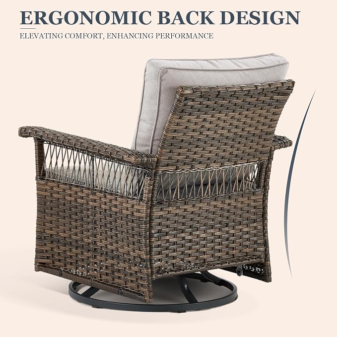Patio Furniture Set 2 Wicker Swivel Glider Chairs with 2 PE Rattan Ottomans Brown Wicker Beige Cushions Patio Conversation Set 4pcs for Garden Balcony Sunroom Backyard