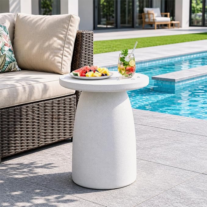 SUNBURY Outdoor Side Table, 22" H Concrete End Table Pebble Shaped, Lightweight Round Accent Table, Decorative Coffee Table, Garden Planter Stand for Patio, Porch, Living Room Decor, Spotted White