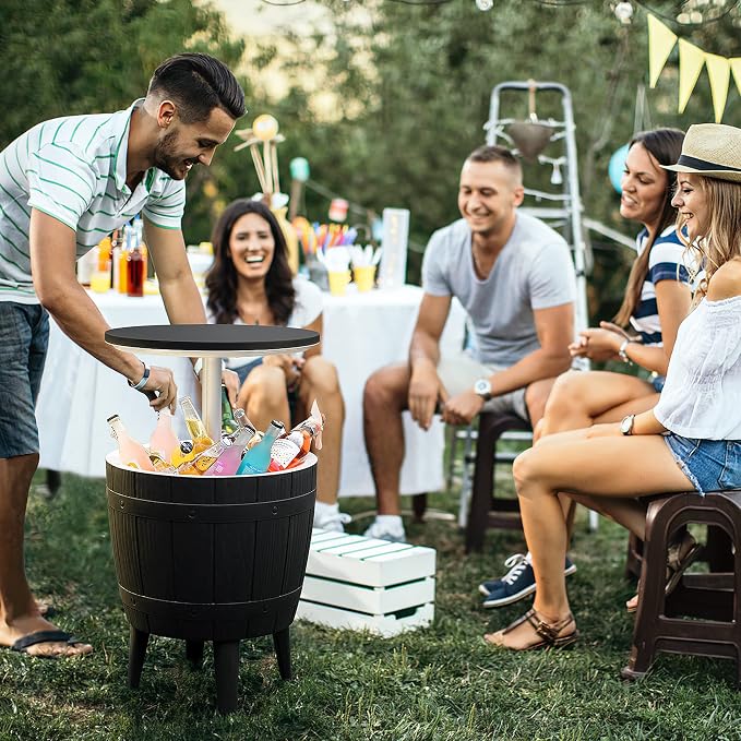Devoko Outdoor Patio Furniture 10 Gallon Cooler Bar Table 3 in 1 Resin Patio Beer and Wine Ice Bucket Cocktail Table for Party, Pool, Deck (Black)