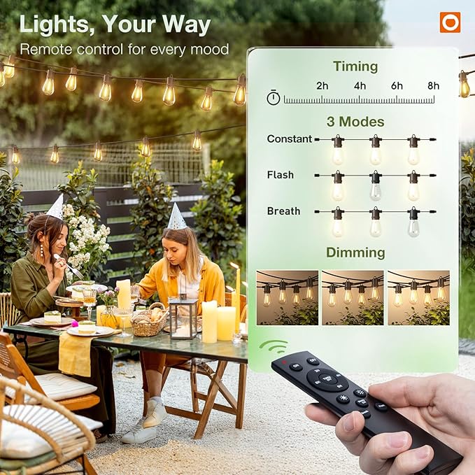 addlon 150FT Outdoor String Lights LED with Remote Dimmable Waterproof | Timer & 3 Lighting Modes, Shatterproof Edison Bulbs, Connectable Hanging Strand for Patio Outside Backyard Porch Party Décor