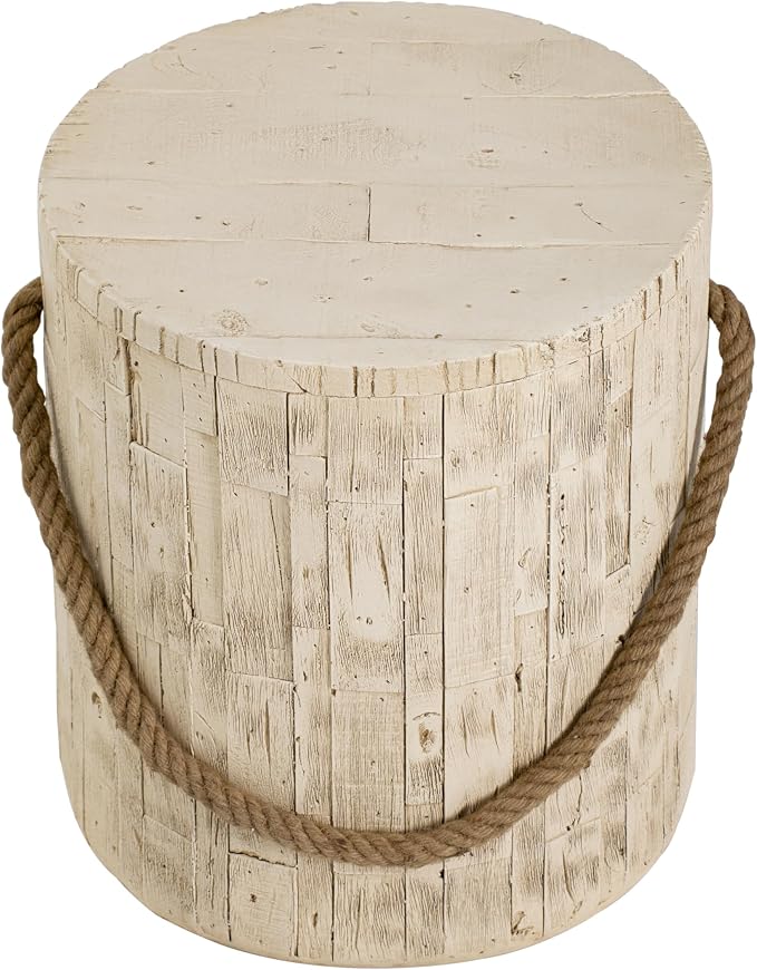 IRONORA Whitewashed Wooden Cylindrical Outdoor Side Table with Rope Handle, Rustic Round Accent Table, Weathered End Table for Patio Backyard Garden
