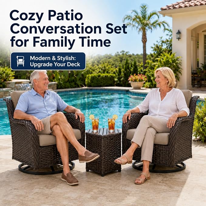 HUMMUH Outdoor Swivel Rocker Wicker Patio Chairs High Back PE Rattan Glider Chairs 4PCS Patio Furniture Set(Brown,Grey)