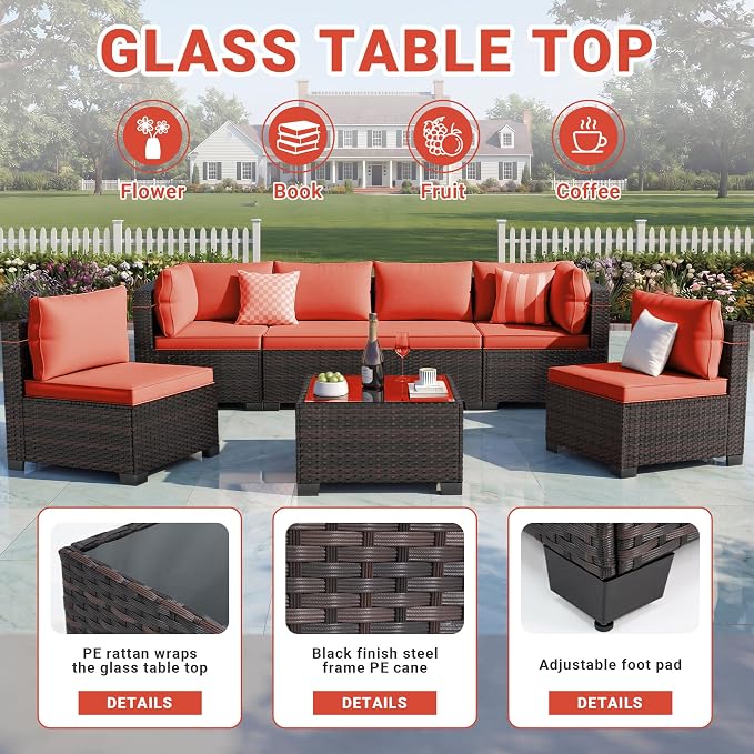 LAFWLL 7 Pieces Outdoor Patio Furniture Sets,Rattan Conversation Sectional Set,Manual Weaving Wicker Patio Sofa with Tea Table