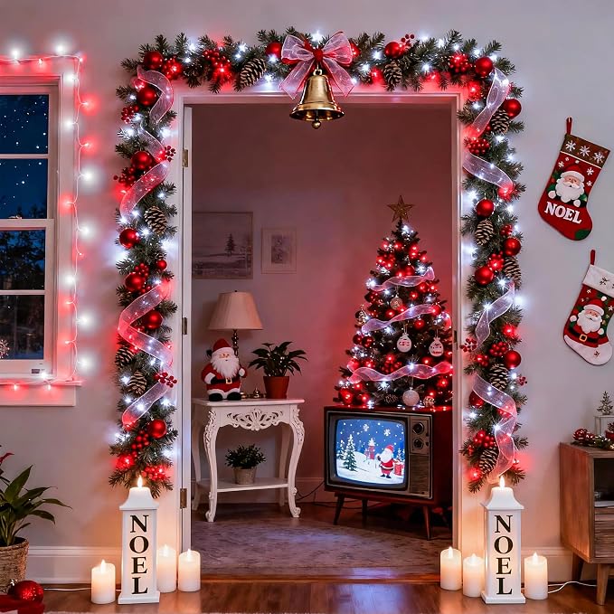 JMEXSUSS Connectable 100 LED Red and White Christmas Lights with 8 Modes | Twinkle String Lights Indoor, Clear Wire Plug-in Christmas String Lights Outdoor Waterproof for Christmas