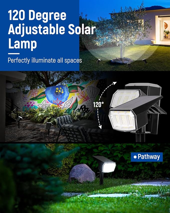 Solar Spot Lights Outdoor Waterproof, Solar Spotlights, 6 Packs, Cool White | 63 LED, 3 Lighting Modes, 120° Adjustable Solar Landscape Lights for Yard, Garden, House, Garage, Pathway