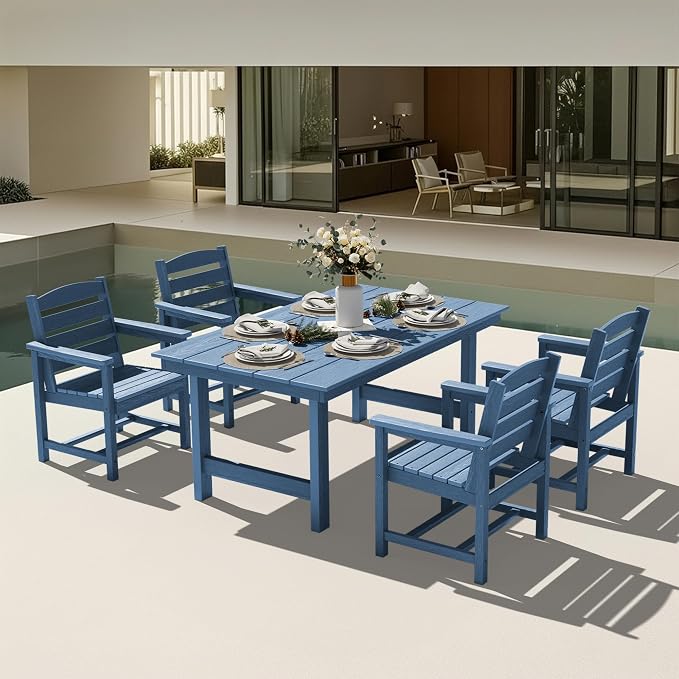 KINGYES 5 Piece Patio Dining Set for 4, HDPE Outdoor Table and Chairs Set with Umbrella Hole, Navy