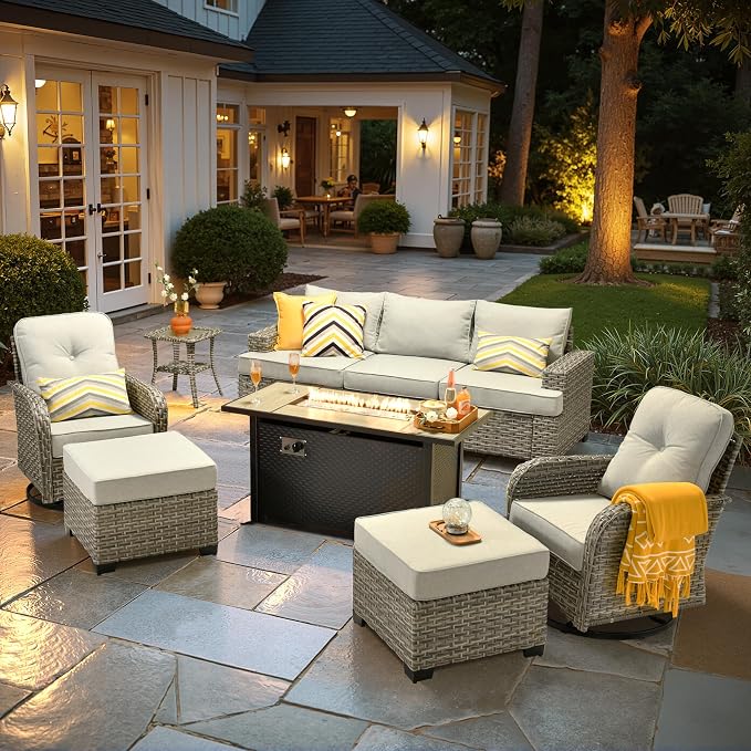 HOOOWOOO Sectional Patio Furniture Set with Fire Pit Table,9 Pieces Wicker Outdoor Furniture Couch,Outside Conversation Set Extra Deep Seat Sofa Wide Rocking Chairs Ottomans Arm Solar Table,Gray
