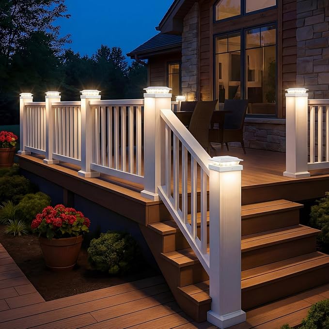 kolpop 4x4 Solar Post Cap Lights Outdoor 8Pack- 3 Color Temperatures&2 Level Brightness, IP65 Waterproof, 16 LED Fence Deck Post Light Solar Powered Only for 4×4/3.5×3.5 Wood/Vinyl Posts(White)