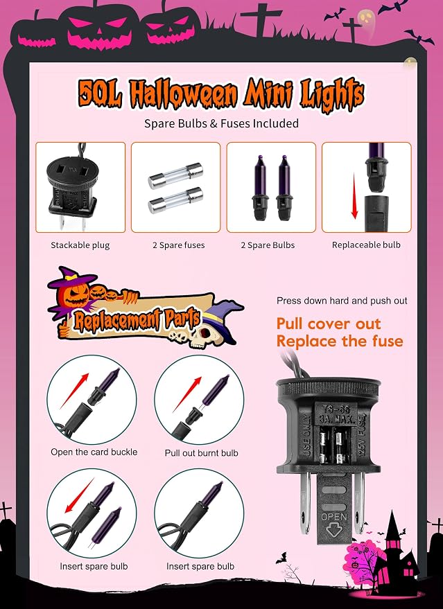 Brightown Purple Halloween Mini Lights, 50 Count 10 Feet Mini String Lights | Incandescent Bulb, Connectable Halloween Light for Haunted House Ghost Party Holiday Window Indoor Outdoor Decoration
