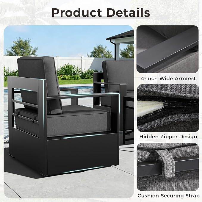 Outdoor Patio Furniture Aluminum Patio Sofa, All-Weather Metal Outdoor Couch with 6 Inch Thick Cushions for Garden, Outside and Porch (Grey, 1 PCS/Sofa)