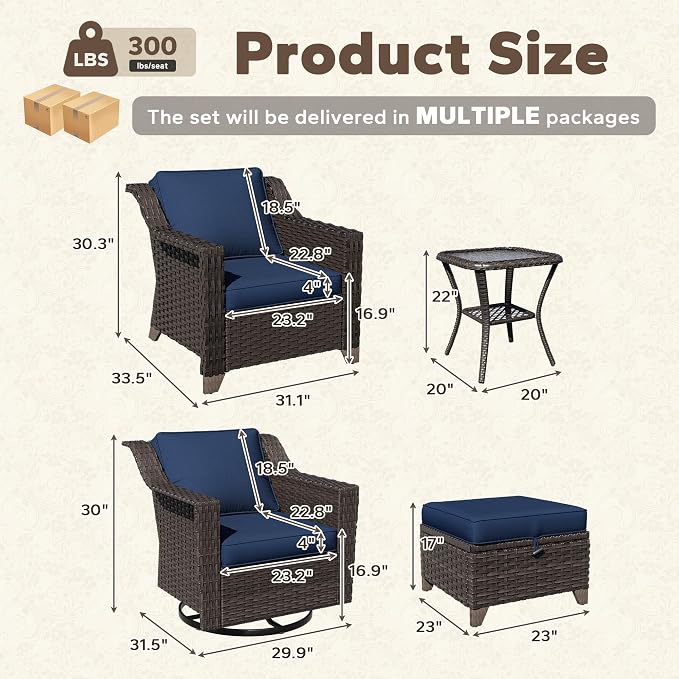 7 Pieces Patio Conversation Furniture Set - 2 Armchairs, 2 Ottomans, 2 Swivel Chairs, 1 Side Table, Outdoor Wicker Furniture with Removable Cushions for Porch, Balcony, Sunroom (Blue)