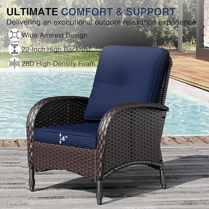 Joyside Wicker Patio Chairs, 3 Piece Rattan Outdoor Furniture with Thickened Cushions, High Back, Deep Seating, Wide Armrest, Outdoor Chairs for Porch, Deck