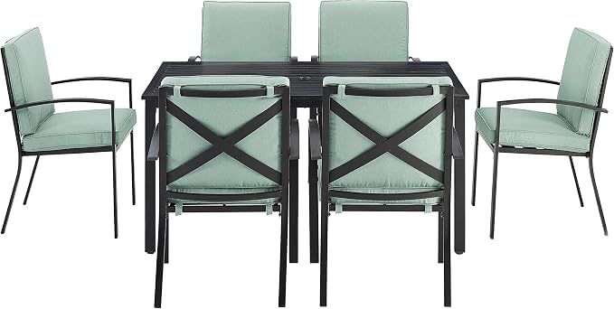 Crosley Furniture Kaplan 7-Piece Outdoor Dining Set for 6, Patio Table and Chairs for Backyard, Deck, Oiled Bronze with Mist Cushions
