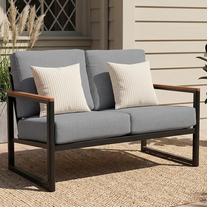 NATURAL EXPRESSIONS Aluminum Patio Loveseat Sofa, Outdoor Couch Furniture with Fauxwood Armrest, 6" Olefin Cushion, All-Weather Outside Couch for Porch, Yard, Balcony, Deck