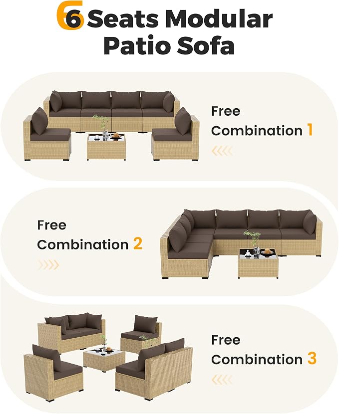 UDPATIO Furniture Set, 7 Piece Sectional Sofas with Wicker Coffee Table, Conversation for Garden, Backyard, Yellow/Brown