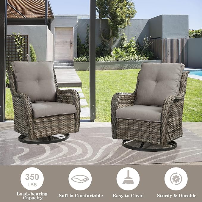 Belord Outdoor Swivel Chairs Set of 2,Patio Wicker Rocker Chairs with Ottomans, All Weather Patio Conversation Furniture Set, Ideal for Porch Balcony Deck Yard, Gray Wicker/Gray