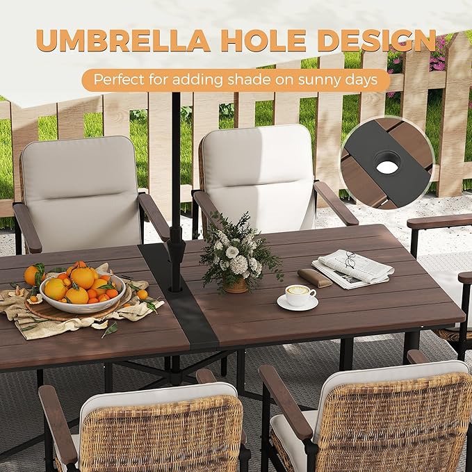HAPPATIO Outdoor Acacia Wood Dining Table, 8-Person Patio Dining Table with Powder-Coated Aluminum Frame, Rectangle Outdoor Dining Table with Umbrella Hole for Deck Yard Garden