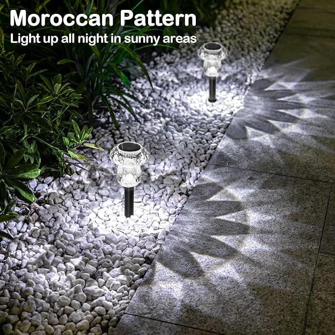 Solar Garden Lights Outdoor 8 Pack 6000K Cool White Mushroom Decor | Waterproof Pathway Outside Yard Walkway Landscape Path Lighting, LED Auto On/Off Decorations, Acrylic Diamond-like Lampshade