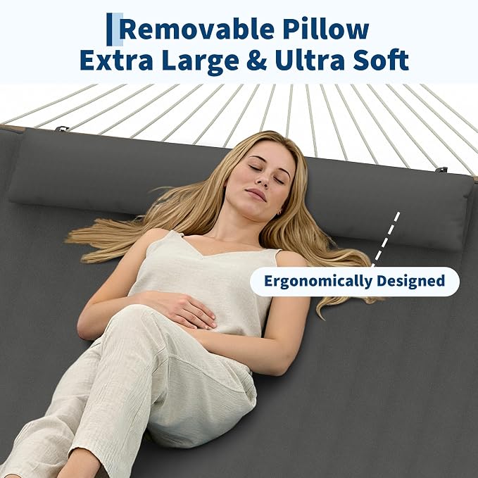 Garvee Double Quilted Hammock – 450 lbs, Hardwood Bars, Pillow Included | Soft yet durable quilted fabric – resists wear and retains shape.