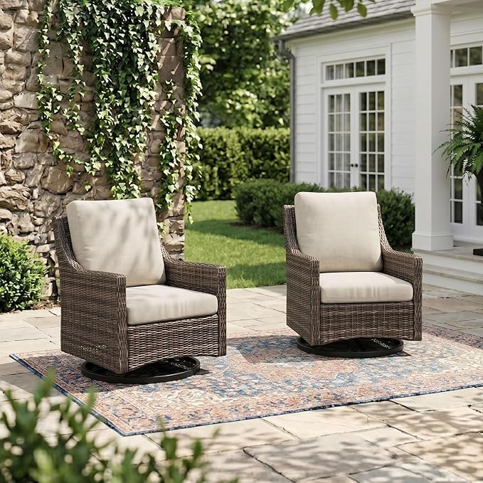 Outdoor Swivel Rocker Patio Chair with Premium Cushion, High Back Wicker Patio Swing Glider for Deck, Porch, Patio and Poolside (Beige, 2 Pcs - Swivel Glider)