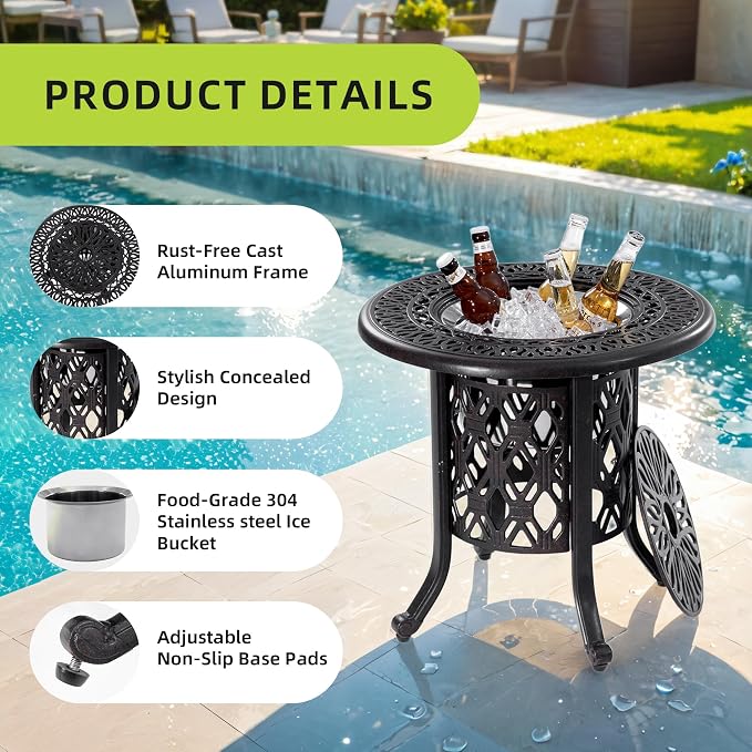 21" Side Table with Removable Ice Bucket- Rustproof Cast Aluminum Frame, Hand-Brushed Finish, Food-Grade 304 Stainless Steel Bucket - Perfect for Indoor & Outdoor, Patio, Balcony, and Poolside