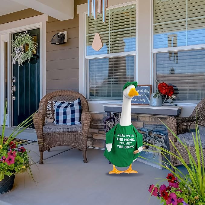 CAMDUCK Funny Porch Goose Outfit for 23 Inch Goose Statue, Mess with The Honk You Get The Bonk Goose Clothes, Decorative Lawn Geese Costume Clothing for Outdoor Decor (Green)