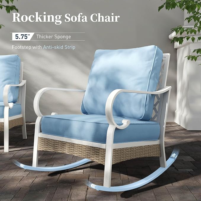 SUNSHINE VALLEY 4 PCS Metal Outdoor Patio Furniture Set, Patio Conversation Sets 1 3-seater Sofa, 2 Rocking Chairs with 5.75" Extra Thick Cushion and Coffee Table, White Frame Backyard Furniture, Blue