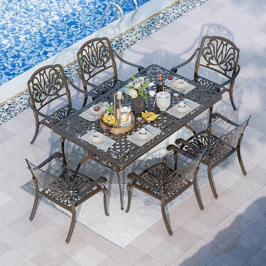 Grepatio 7 Piece Patio Dining Set Outdoor Dining Set Cast Aluminum Furniture Set with 6 Dining Chairs and Dining Table for Backyard Garden Deck Poolside (6 Flower Chairs Without Cushion)