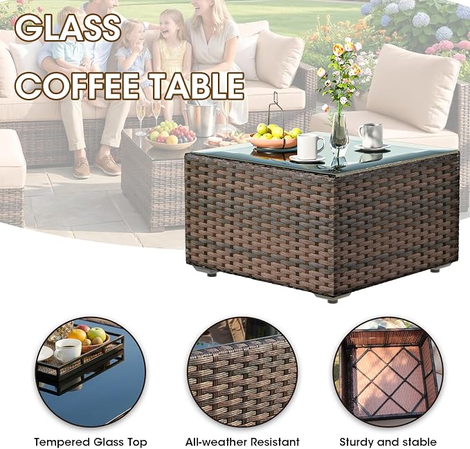Grezone Patio Furniture Set 7 Piece Outdoor Wicker Sectional Sofa - All Weather High Backrest PE Rattan Couch Conversation Set with Cushion & Glass Top Table for Backyard Deck Porch, (Grey)