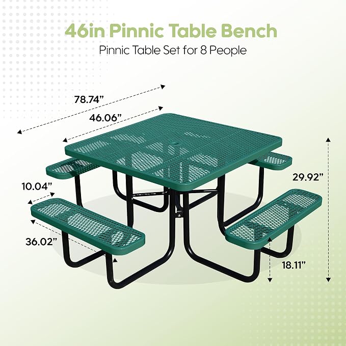 46Inch Square Picnic Table for 8 Person, Outdoor Heavy Duty Sturdy Picnic Tables with 4 Benches & Umbrella Hole, Commercial Metal Patio Picnic Table for Garden, BBQ, Coffee Store, Party, Porch (Green)