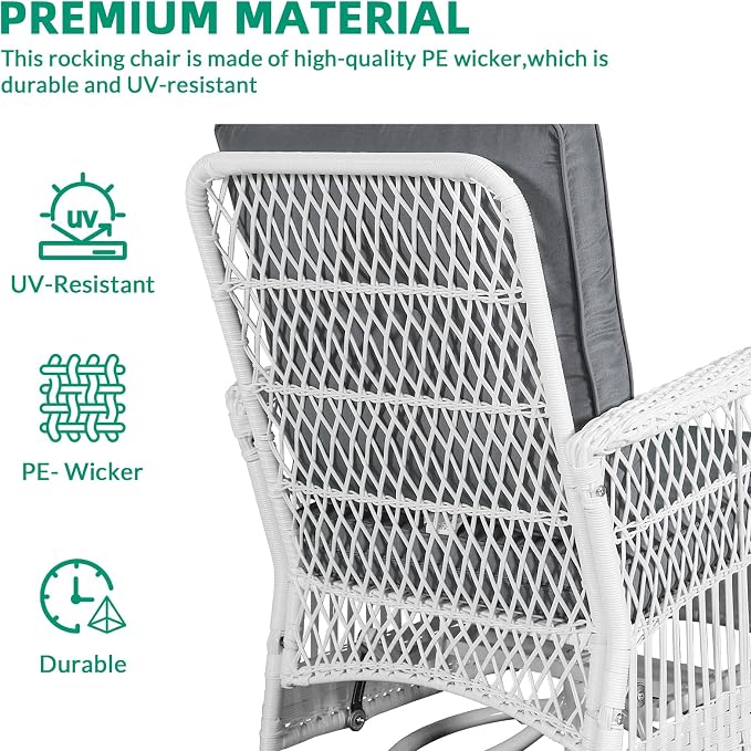 VIVIJASON 5-Piece Outdoor Patio White Wicker Conversation Sets, All Weather Outdoor Rattan Furniture Set Includes Glider Loveseat, 2 Coffee Table, 2 Swivel-Gliders Chairs with Cushions, Grey