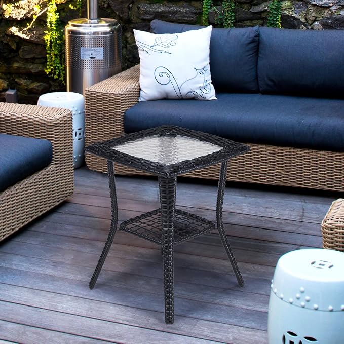 VINGLI Outdoor Side Table with Storage Wicker Patio Side Table, Tempered Glass Top End Table for Balcony Porch Deck (Black)