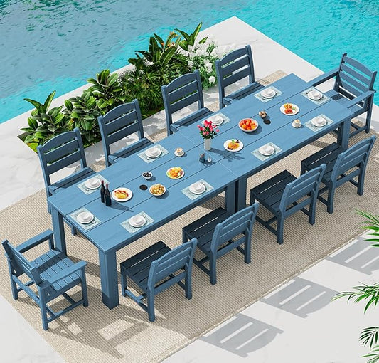 SERWALL 59" HDPE Outdoor Dining Set for 10, w/ 2 Tables & 10 Chairs, Blue | All Weather Resistant HDPE Dining Sets for Patio, Garden, Backyard