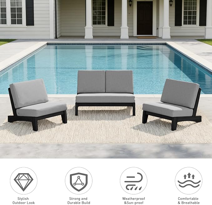 Pia Ricoo 4 Piece Patio Furniture Sets, Outdoor Loveseat Sofa Set with 2 Chairs & Coffee Table, Patio Conversation Set for Backyard, Deck, Lawn, Gray, Dark Wood