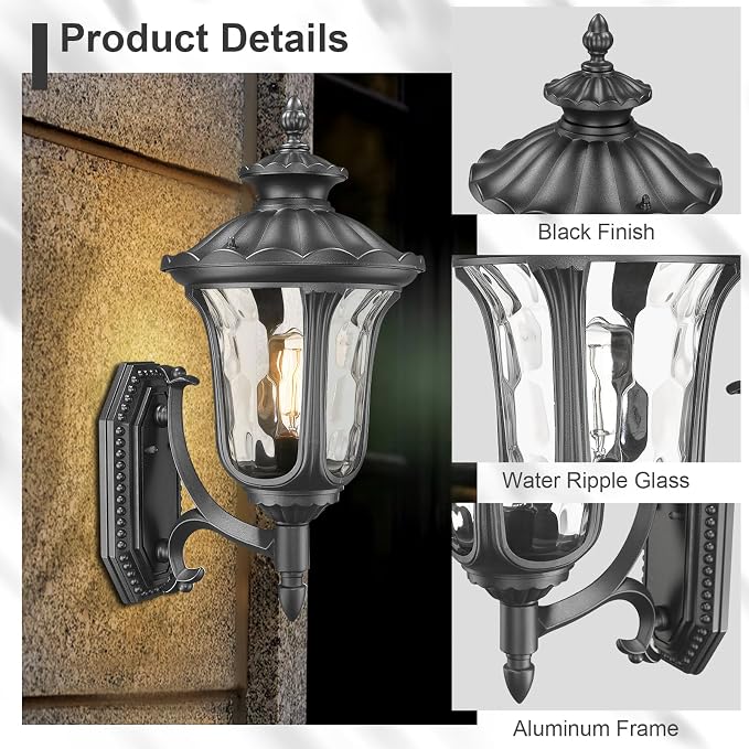 Outdoor Light Fixtures Wall Mount, Waterproof Exterior Wall Lanterns with Waer Ripple Glass, Outside Sconces, Front Porch Lights for House Garage Doorway Patio, 22'' Large Black