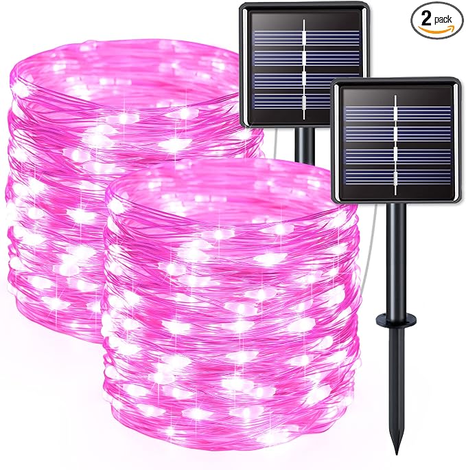 JMEXSUSS 2 Pack Solar Fairy Lights, 33ft 100 LED Solar String Lights, Pink | Outdoor Waterproof, 8 Modes Copper Wire Twinkle Lights for Outside Garden Patio Party Valentine Day Christmas Decorations