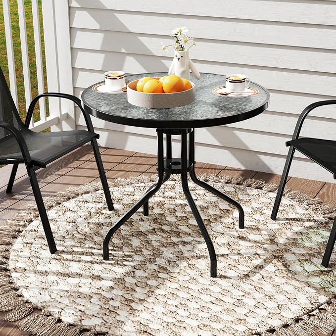 HAPPYGRILL Outdoor Bistro Table, 32" Patio Round Dining Table with Tempered Glass Tabletop & 2" Umbrella Hole, for Garden Backyard Poolside Porch
