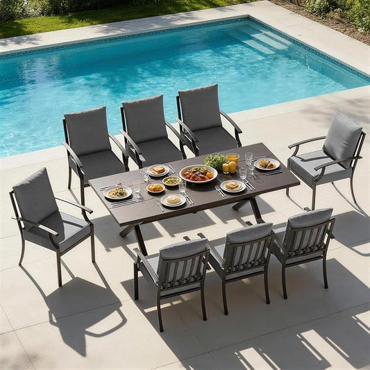 9 PCS Outdoor Patio Dining Set,Patio Table and Chairs Metal Outdoor Patio Furniture Set with Umbrella Hole,Dining Table Set with 8 Chairs for Deck,Backyard and Garden,Grey