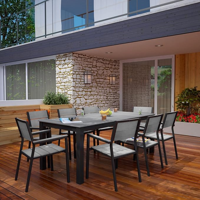 Lexmod Maine 9 Piece Outdoor Patio Dining Set in Brown Gray