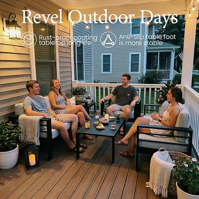 LayinSun Outdoor Aluminum Furniture Set, 4 Pieces Patio Sectional Conversation Chat Sofa Modern Seating Set with Coffee Table
