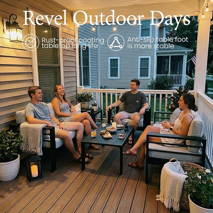 LayinSun Outdoor Aluminum Furniture Set, 4 Pieces Patio Sectional Conversation Chat Sofa Modern Seating Set with Coffee Table