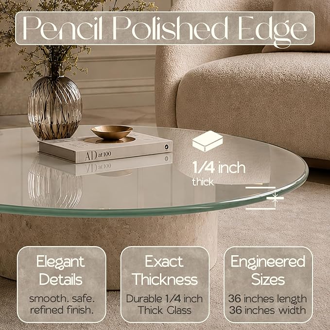 36 inch Round 1/4" Thick Pencil Polished Edge Glass Table Top with 6 Bumpers - Tempered, Scratch Resistant & Safety Replacement Glass Designed for Dining, Coffee, Patio & End Tables