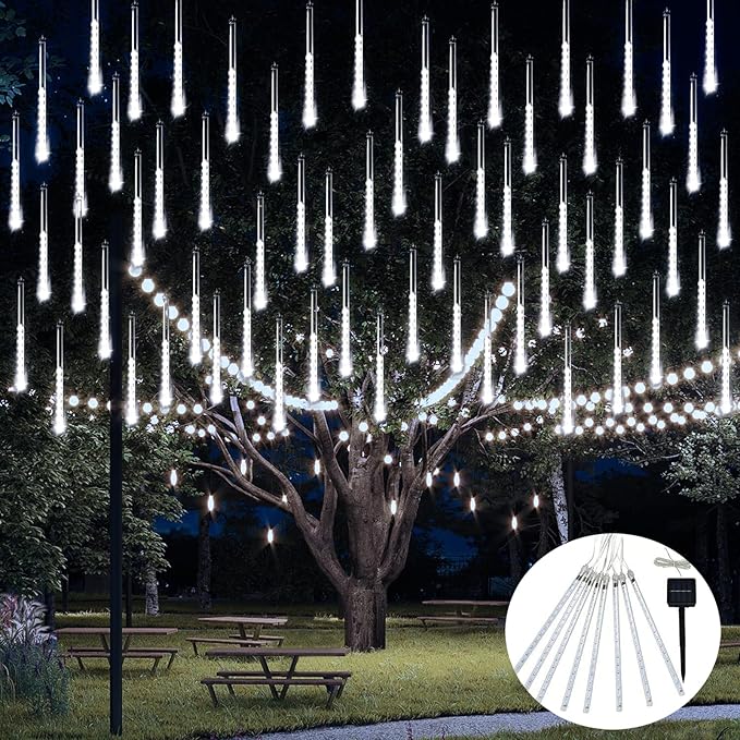 JMEXSUSS White Solar Lights Outdoor, Solar Meteor Shower Lights Outdoor | 8 Tube 144 LED Christmas Lights for Tree Wedding Xmas Holiday Party Patio Gazebo Decor