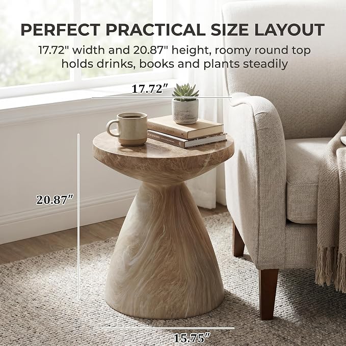 18 x 21 Inch Sculptural Round Outdoor Side Table for Patio, Weather-Resistant Faux Terrazzo Garden Stool, Modern Patio Accent Table for Indoor and Outdoor Use, Drum End Tables, Marble Color